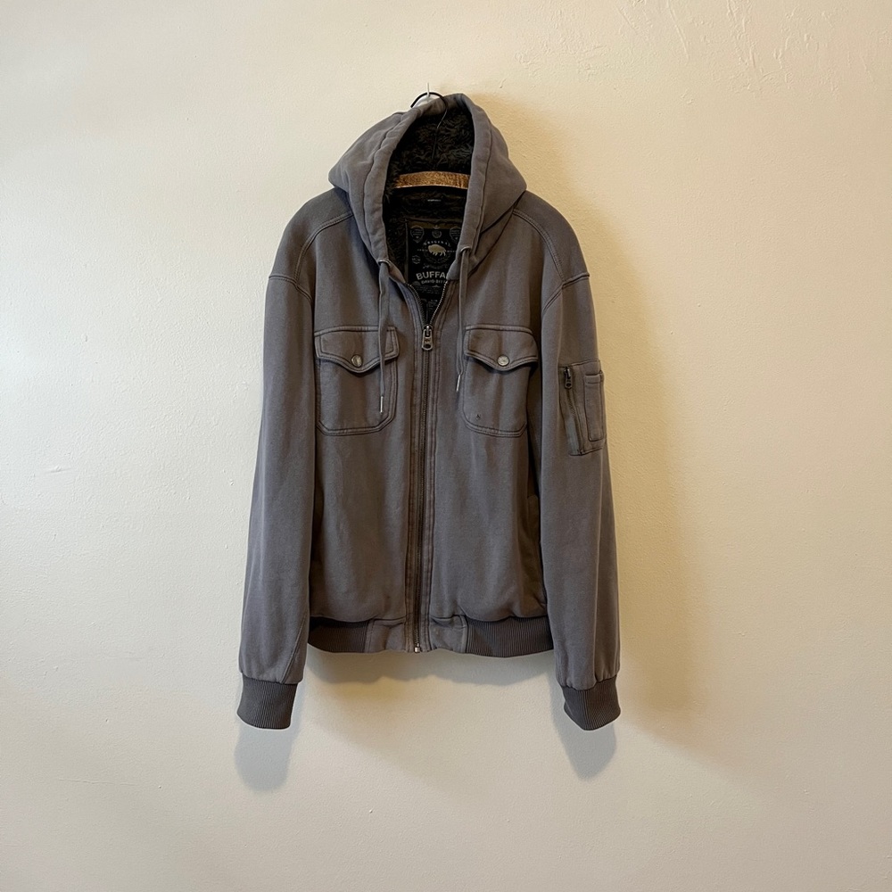Thick Gray Buffalo David Bitton Zip-up Fleece Lined Hoodie Sweatshirt L